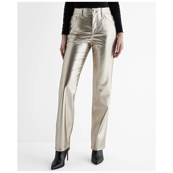 NWT Express Modern Straight High Rise Pants Gold Metallic Faux Leather Pockets 2 - Picture 1 of 12